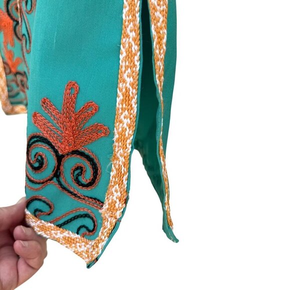 Handcrafted Vintage Womens Teal Embroidered 3/4 Sleeve Side Slit Full Button Top - Picture 4 of 12